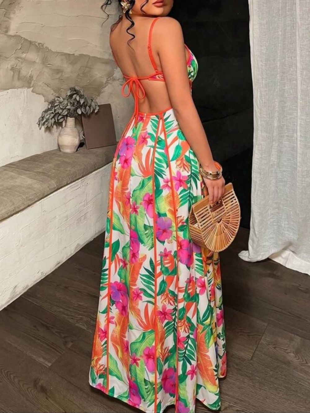Tropical Floral Cutout Maxi Dress with Neon Trim - Picture 3 of 6